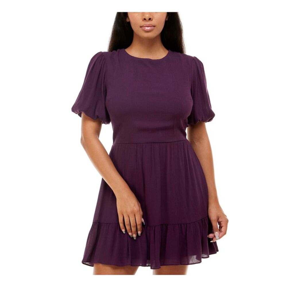 B DARLIN Womens Short Dress Purple Pouf Sleeve Tie Back Lined Juniors 13\14
